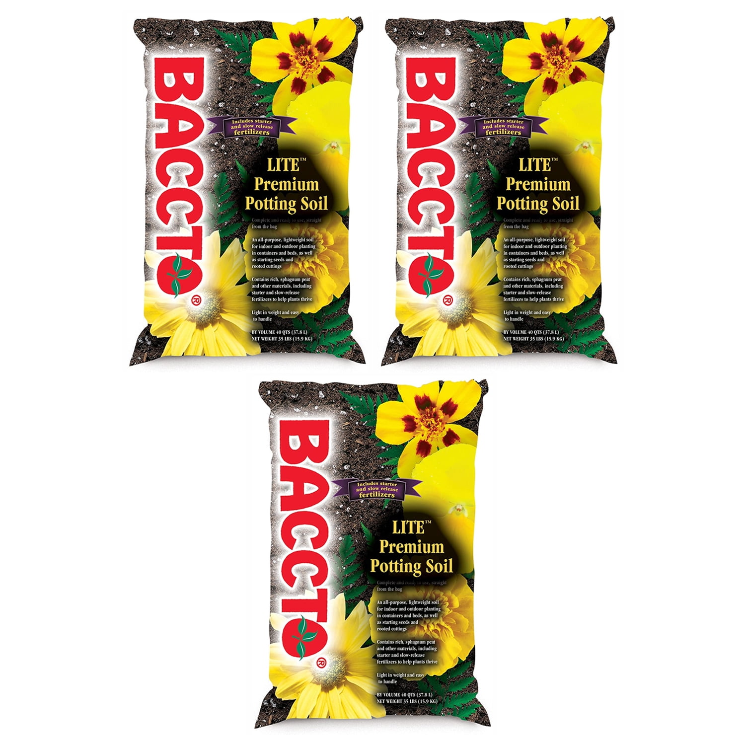 Michigan Peat Baccto Lite Premium Outdoor Potting Soil, 40 Quart (3 Pack)