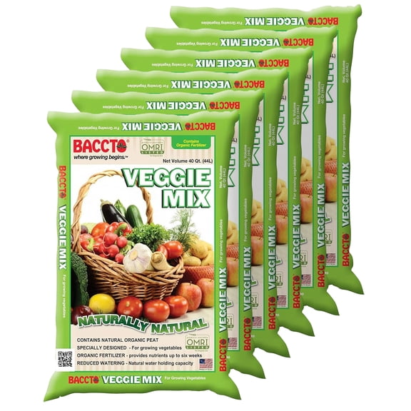 Michigan Peat Company BACCTO Veggie Planting Mix for Vegetables, 40 Qt Bag, 6 Pack