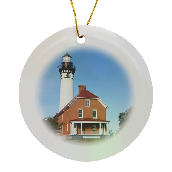 3drose, Michigan, Pictured Rocks Lakeshore, Au Sable Point Lighthouse., Circle Porcelain Ornament