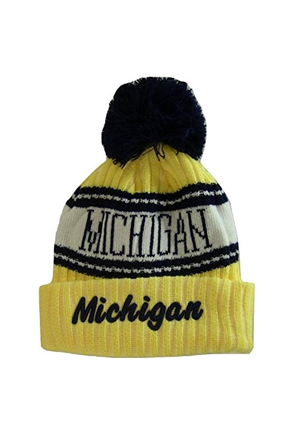 Michigan Plush Lined Embroidered Winter Knit Pom Beanie Hat (Gold/Navy Script)