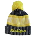 thumbnail image 1 of Michigan Plush Lined Embroidered Winter Knit Pom Beanie Hat (Navy/Gold Script), 1 of 2
