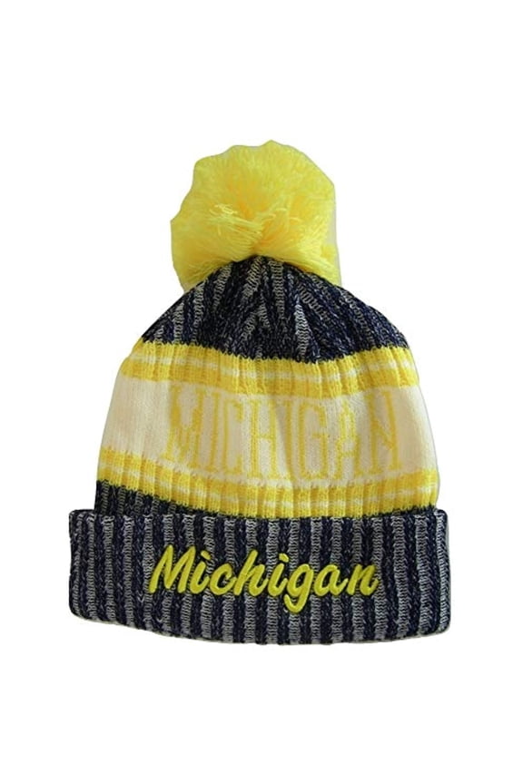 Michigan Plush Lined Embroidered Winter Knit Pom Beanie Hat (Navy/Gold Script)