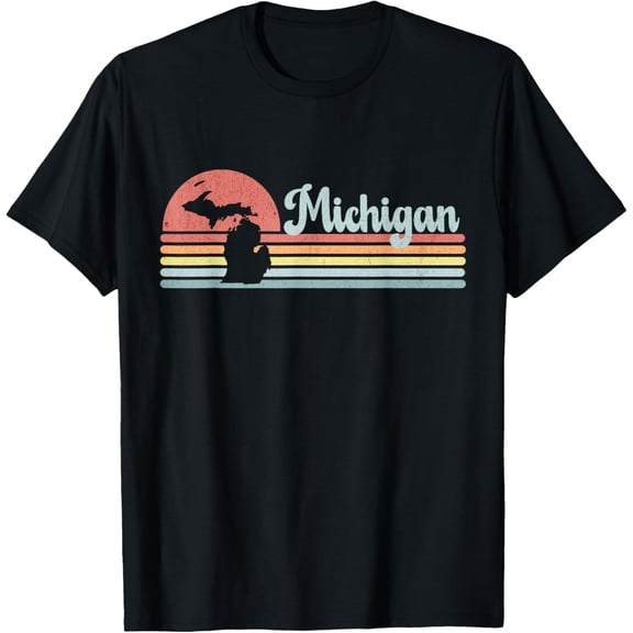 Michigan Retro Sunset Vacation Souvenir State Silhouette T-ShirtMen's and women's gift, black and white T-shirt, size: Extra large S-4XL