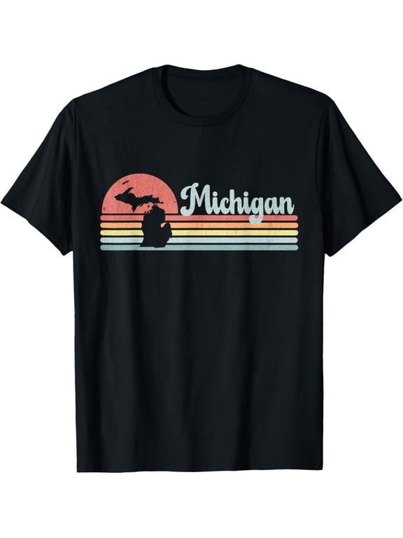Michigan Retro Sunset Vacation Souvenir State Silhouette T-ShirtMen's and women's gift, black and white T-shirt, size: Extra large S-4XL