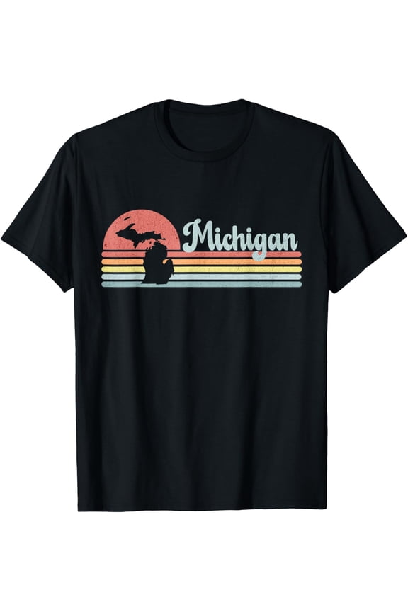 Michigan Retro Sunset Vacation Souvenir State Silhouette T-ShirtMen's and women's gift, black and white T-shirt, size: Extra large S-4XL