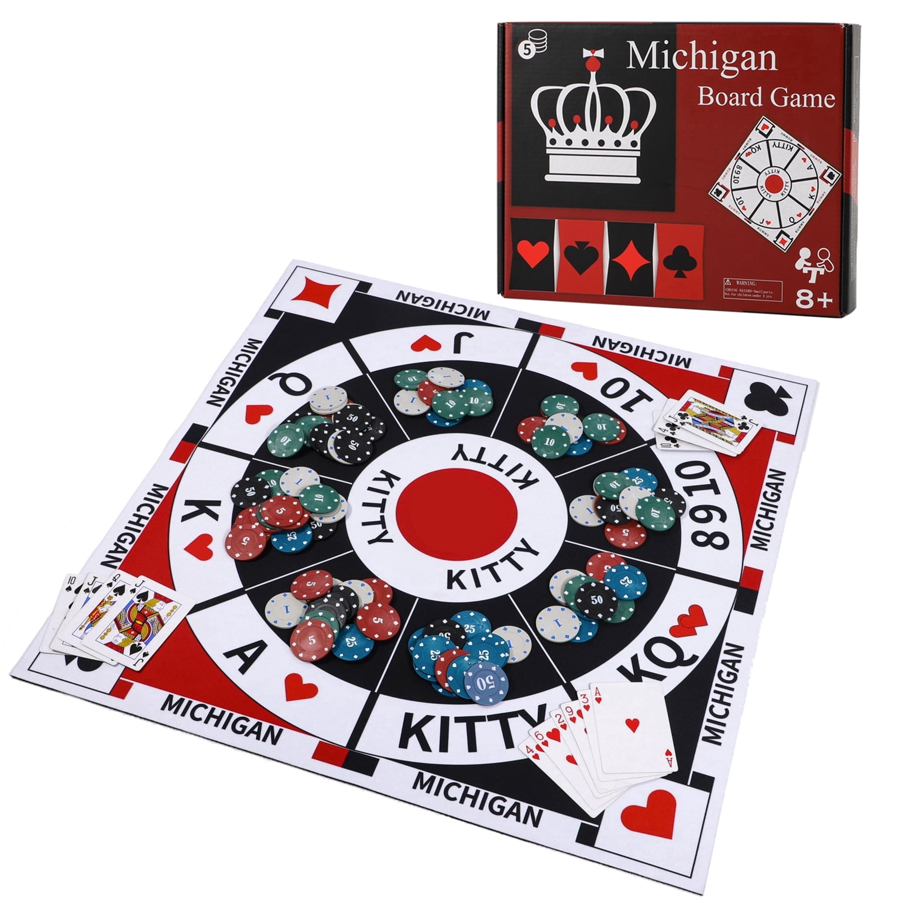 Grhonior Michigan Rummy Board Game Set Tripoley Felt Mat Foldable Original Combination of Joker Rummy Hearts and Poker Includes 2 Decks of Cards and 200 Numbered Poker Chips