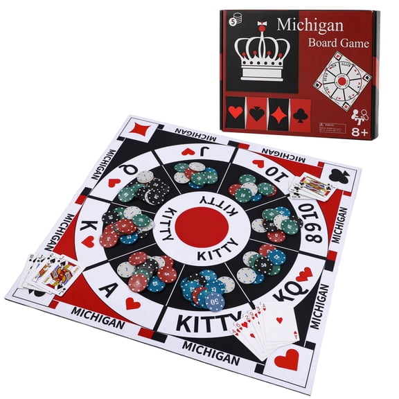 Grhonior Michigan Rummy Board Game Set Tripoley Felt Mat Foldable Original Combination of Joker Rummy Hearts and Poker Includes 2 Decks of Cards and 200 Numbered Poker Chips