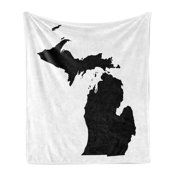 Michigan Soft Flannel Fleece Blanket, Abstract Black Silhouette Map of Michigan Geography Cartography Themed Print, Cozy Plush for Indoor and Outdoor Use, 60" x 80", Black and White, by Ambesonne