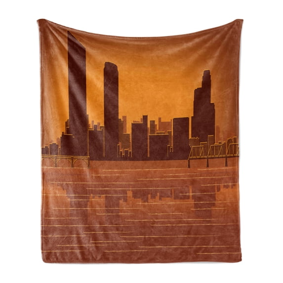 Michigan Soft Flannel Fleece Blanket, Grand Rapids Michigan Skyline with Reflection in Water Orange Colored, Cozy Plush for Indoor and Outdoor Use, 60" x 80", Burnt Orange and Brown, by Ambesonne
