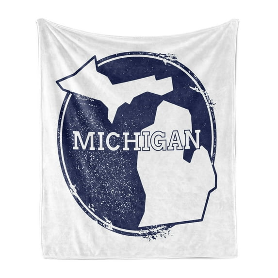 Michigan Soft Flannel Fleece Blanket, Grunge Rubber Stamp with the Name and Map of Michigan Illustration USA Print, Cozy Plush for Indoor and Outdoor Use, 70" x 90", Dark Blue White, by Ambesonne