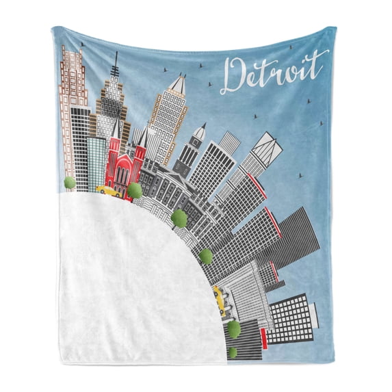 Michigan Soft Flannel Fleece Throw Blanket, Detroit Michigan USA City Skyline with Grey Buildings and Blue Sky Modern Urban, Cozy Plush for Indoor and Outdoor Use, 50" x 60", Multicolor, by Ambesonne