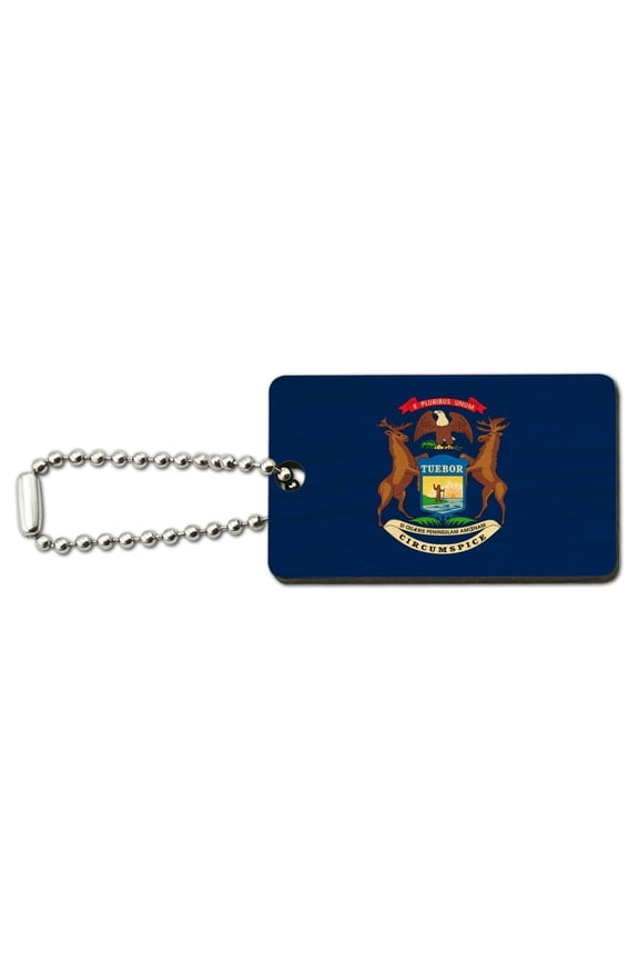 Michigan State Flag Wood Wooden Rectangle Keychain Key Ring