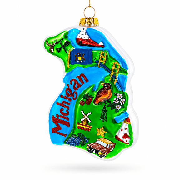 Michigan State Map with Landmarks Glass Christmas Ornament