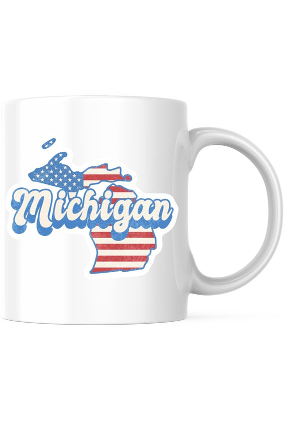 Michigan State Outline Coffee Mug - MI State Shape with USA Flag - 11 Ounce Coffee Mug - White Interior & Handle - Choose Your State - Design Printed On Both Sides - Glossy Ceramic - BMCM01148