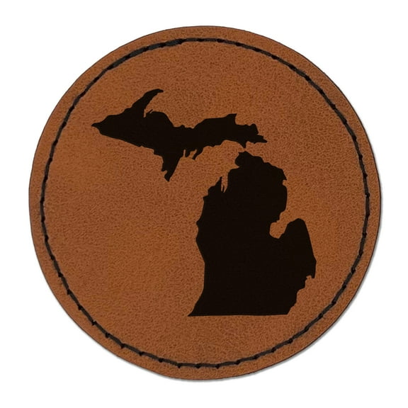 Michigan State Silhouette 2.5" Faux Leather Round Engraved Iron-On Patch - Brown