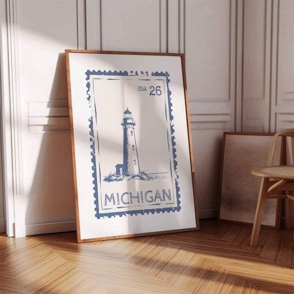 Michigan State Stamp Wall Art Blue Lighthouse Decor Unframed Paper Print