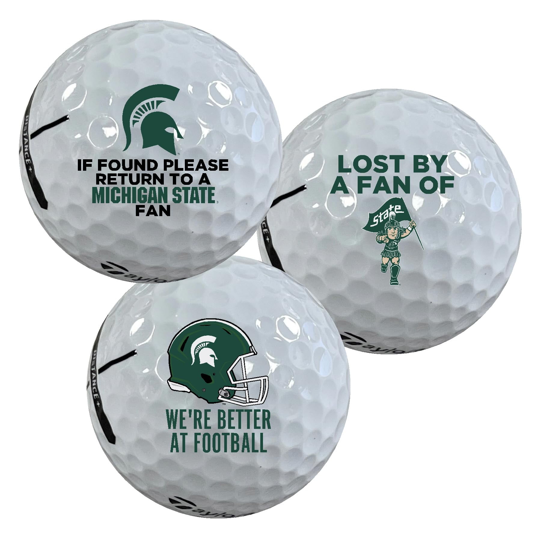 Michigan State University Spartans Edition Funny Officially Licensed NCAA Taylormade Distance+ Golf Balls 12-Pack (Dozen)