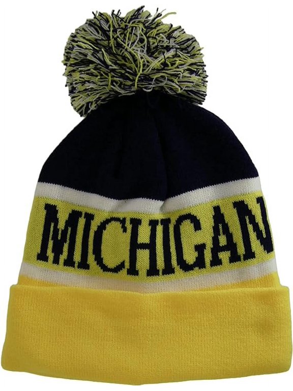 Michigan Wide Stripe Winter Knit Pom Beanie Hat (Dark Blue/Gold)