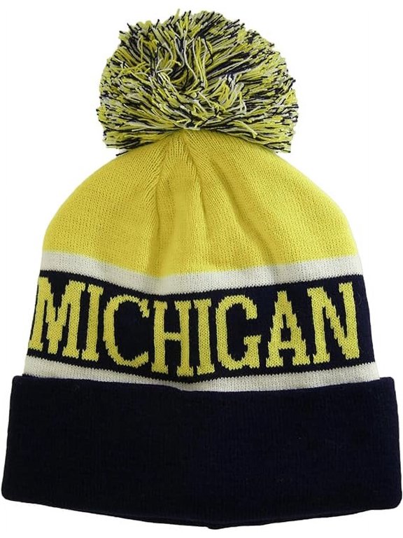 Michigan Wide Stripe Winter Knit Pom Beanie Hat (Gold/Dark Blue)