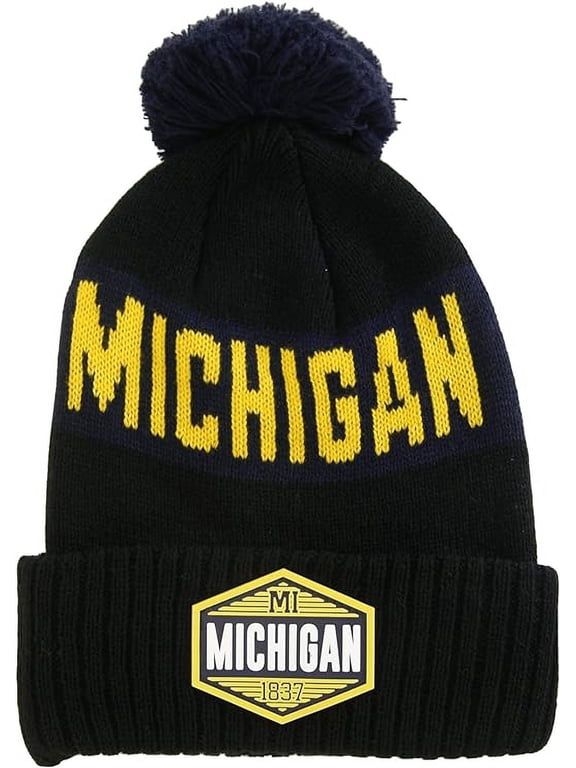 Michigan Winter Knit 3D Rubber Patch Pom Beanie Hat (Black/Navy/Gold)