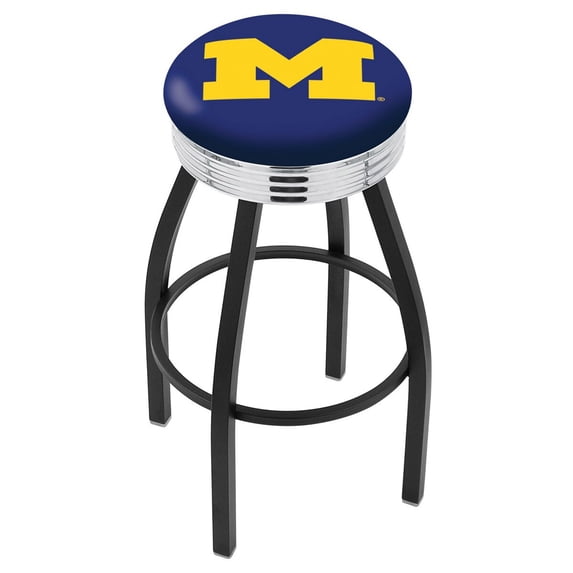 Michigan Wolverines 30" Black Wrinkle Swivel Bar Stool with Chrome Ribbed Ring
