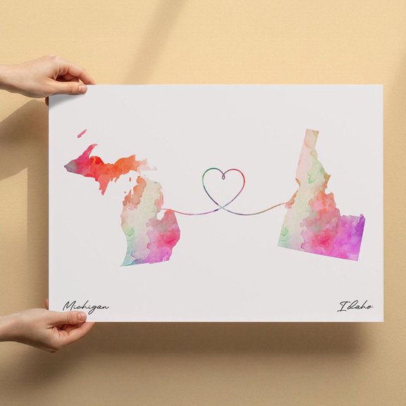 Michigan to Idaho Map Canvas Wall Art 8x12 inch – Michigan to Idaho Map Abstract Watercolor Canvas Decor – Artistic Minimalist Wall Art
