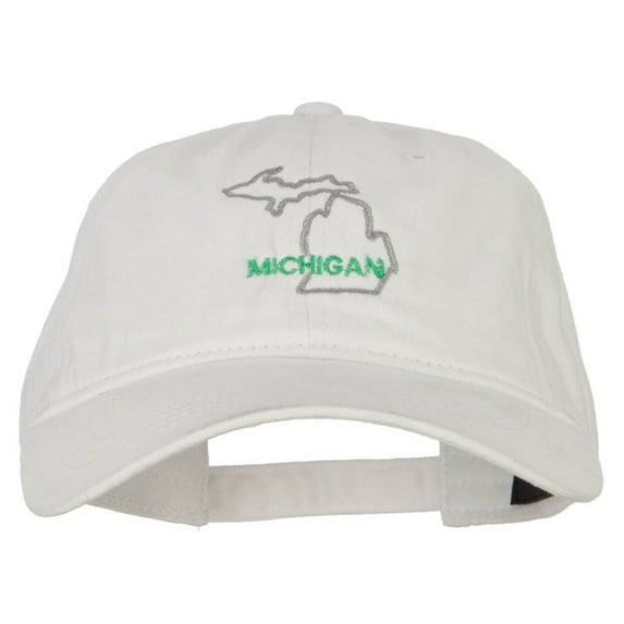 Michigan with Map Outline Embroidered Washed Cotton Twill Cap - White OSFM