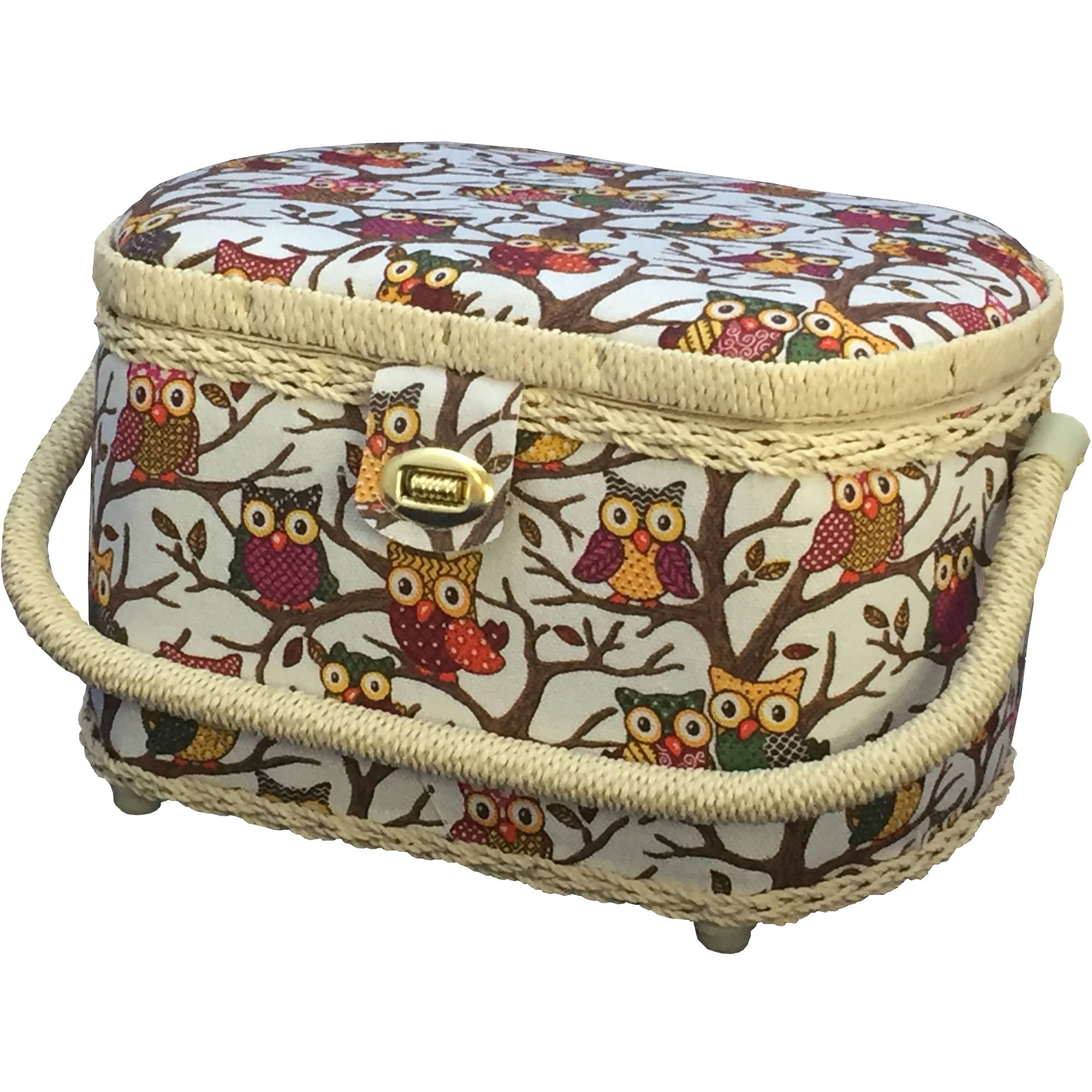 Large Owl-Patterned Fabric Sewing Basket with Plastic Handle