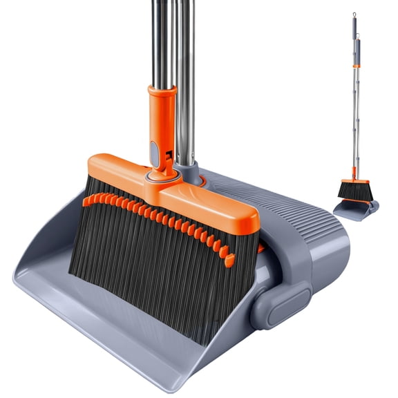 RTYSGNW Orange Long Handle Standing Dustpan and Broom Combo Set for Household Cleaning