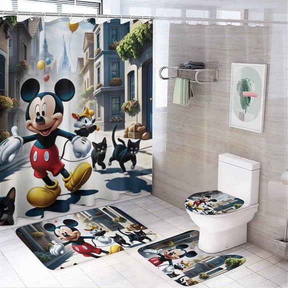 Cartoon Mouse 4PCS Shower Curtain Bathroom Set with Rugs, Toilet Lid Cover And Bath Mat, Shower Curtain with 12 Hooks, Durable Bathroom Decor Set