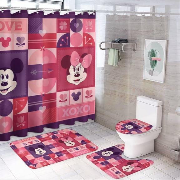 Mickey 4Pcs Family Shower Curtain Sets with Toilet Lid Cover, Non-Slip Rugs and Bath Mat, Home Bathroom Decor Set Accessories Waterproof Shower Curtains with 12 Hooks, 71 x 71 in