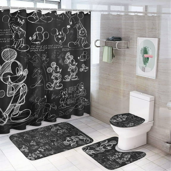 Mickey 4Pcs Family Shower Curtain Sets with Toilet Lid Cover, Non-Slip Rugs and Bath Mat, Home Bathroom Decor Set Accessories Waterproof Shower Curtains with 12 Hooks, 71 x 71 in