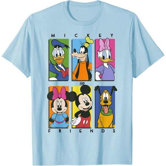 Mickey And Friends Group Shot Panels DTG Print Unisex T-Shirt,Light Blue Color,Size 4T