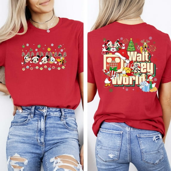 Mickey And Friends Walt Disney World Christmas Printed 2 Sides Shirt, Holiday Family Matching Tee ,Winter Disneyland Trip T-shirt,Red Color,Size 3XL