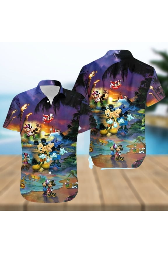 Mickey And Minnie Mouse Sunset Beach Disney Full Printing Hawaiian Shirt