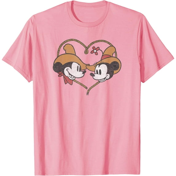 Mickey And Minnie Vintage Western Sweethearts DTG Print Unisex T-Shirt,Light Pink Color,Size L