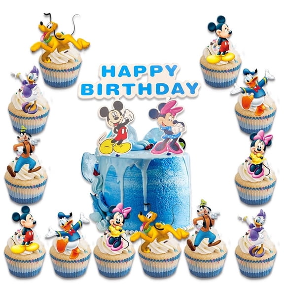 Mickey Birthday Cake Decoration Set, comprising 1 Happy Birthday cake topper and 24 cupcake decorations (6 designs), is the perfect choice for animated birthday mouse-themed party decorations