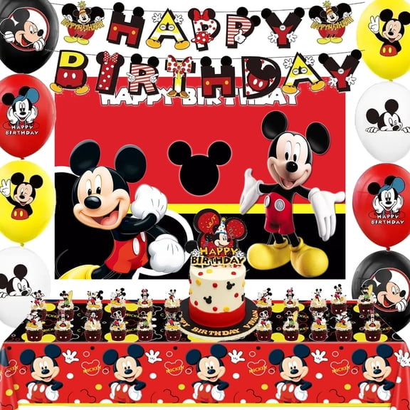 Mickey Birthday Party Decorations Include Happy Birthday Banner, Cake Topper, Background,Patterned Balloons and tablecloth, Cartoon Animation Mouse Party Favors Supplies for Party Decorations