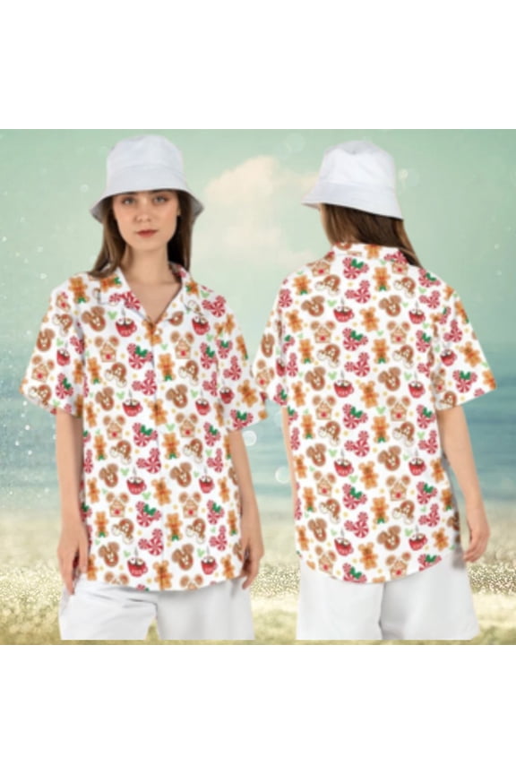 Mickey Christmas Snack Hawaiian Shirts Gingerbread Button Disneyland Xmas Aloha