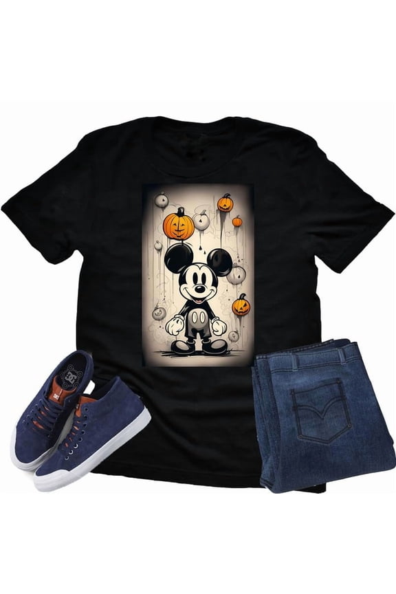 Mickey Drip Halloween Pumpkin Shirt Adult Unisex T-Shirt Casual Short Sleeve (Black, Large)