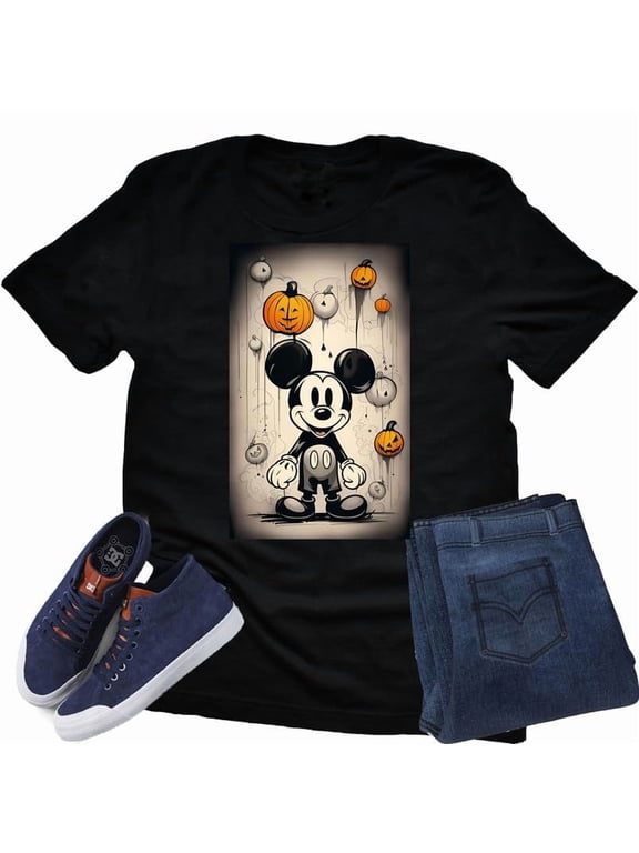 Mickey Drip Halloween Pumpkin Shirt Adult Unisex T-Shirt Casual Short Sleeve (Black, Medium)