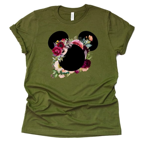 Mickey Flower Shirt, Mickey Floral Shirt Wreath T-Shirt Adult Women Ladies Boho Character Shirt (Olive, Medium)