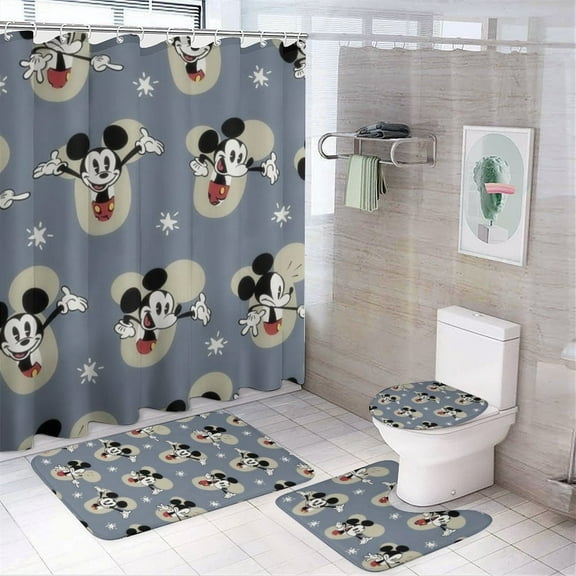 Mickey Four Piece Bathroom Set with Non-Slip Rugs, Soft Toilet Lid Cover Stylish Shower Curtain And Bath Mat for Home Decor