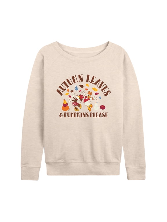 - Autumn Leaves And Pumpkins Please Women's Lightweight French Terry Wide Neck Long Sleeve Graphic Shirt