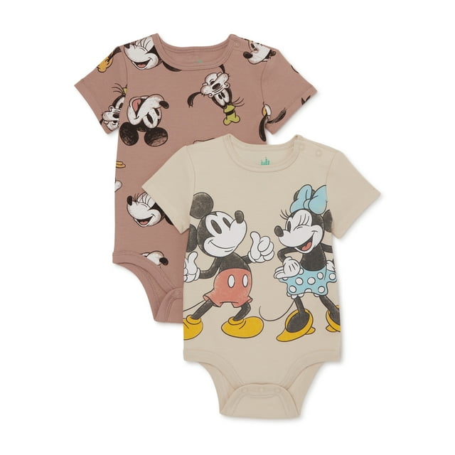 Mickey & Friends Baby Bodysuits with Short Sleeves, 2-Pack, Sizes 0/3M-24M