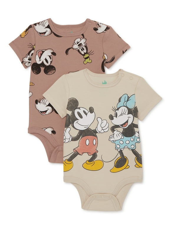 Mickey & Friends Baby Bodysuits with Short Sleeves, 2-Pack, Sizes 0/3M-24M