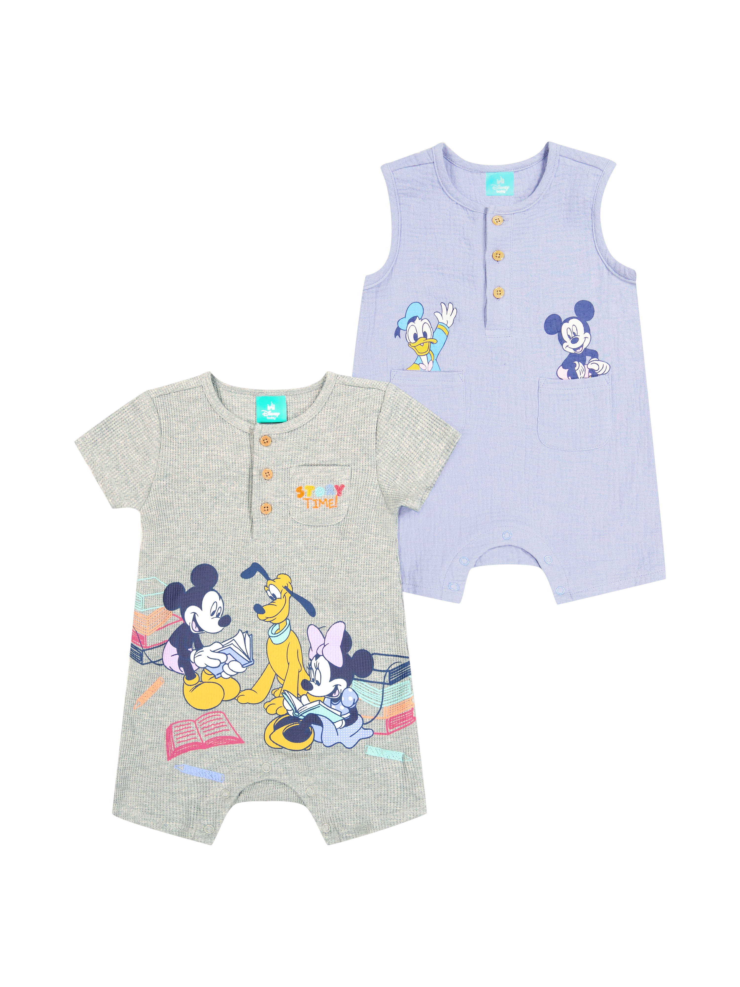 Mickey & Friends Baby Boy 2 Pack Rompers, Sizes 0/3 Months-24 Months