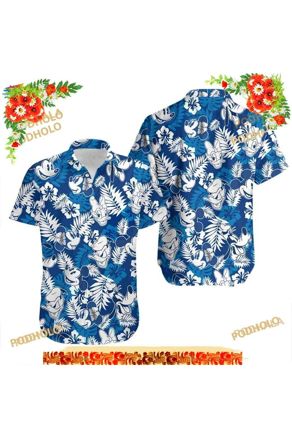 Mickey Friends Blue White Summer Tropical Disney Hawaiian Shirt