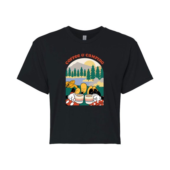 Mickey & Friends - Coffee And Camping - Juniors Cropped Cotton Blend T-Shirt