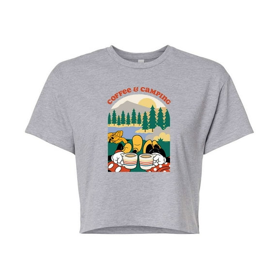 Mickey & Friends - Coffee And Camping - Juniors Cropped Cotton Blend T-Shirt